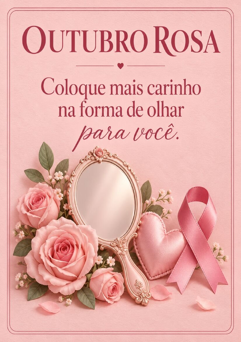 Imagem Outubro Rosa com espelho de mão ornamentado, rosas, coração rosa e fita de conscientização